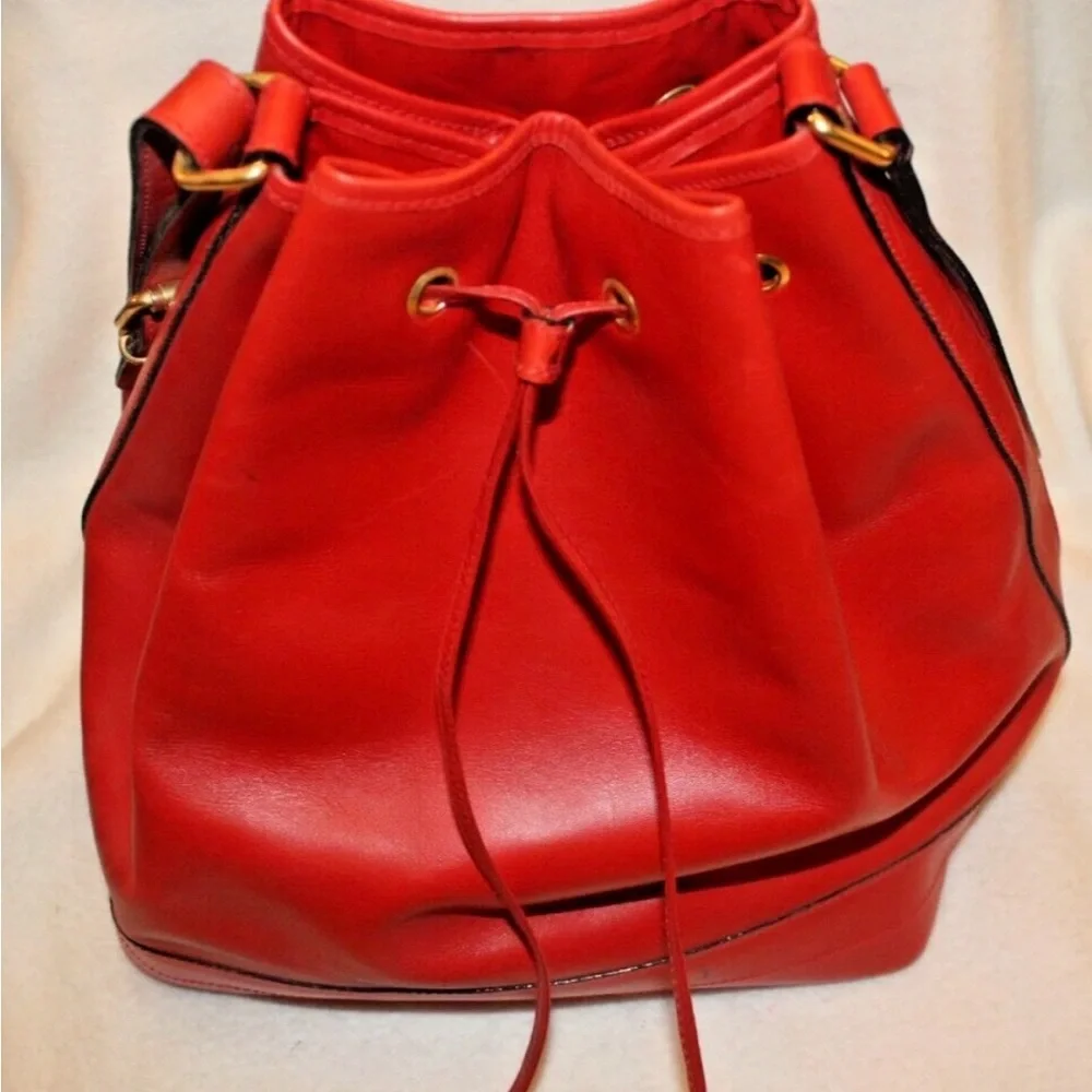 Red Leather Drawstring Bucket Bag - Picture 1 of 9